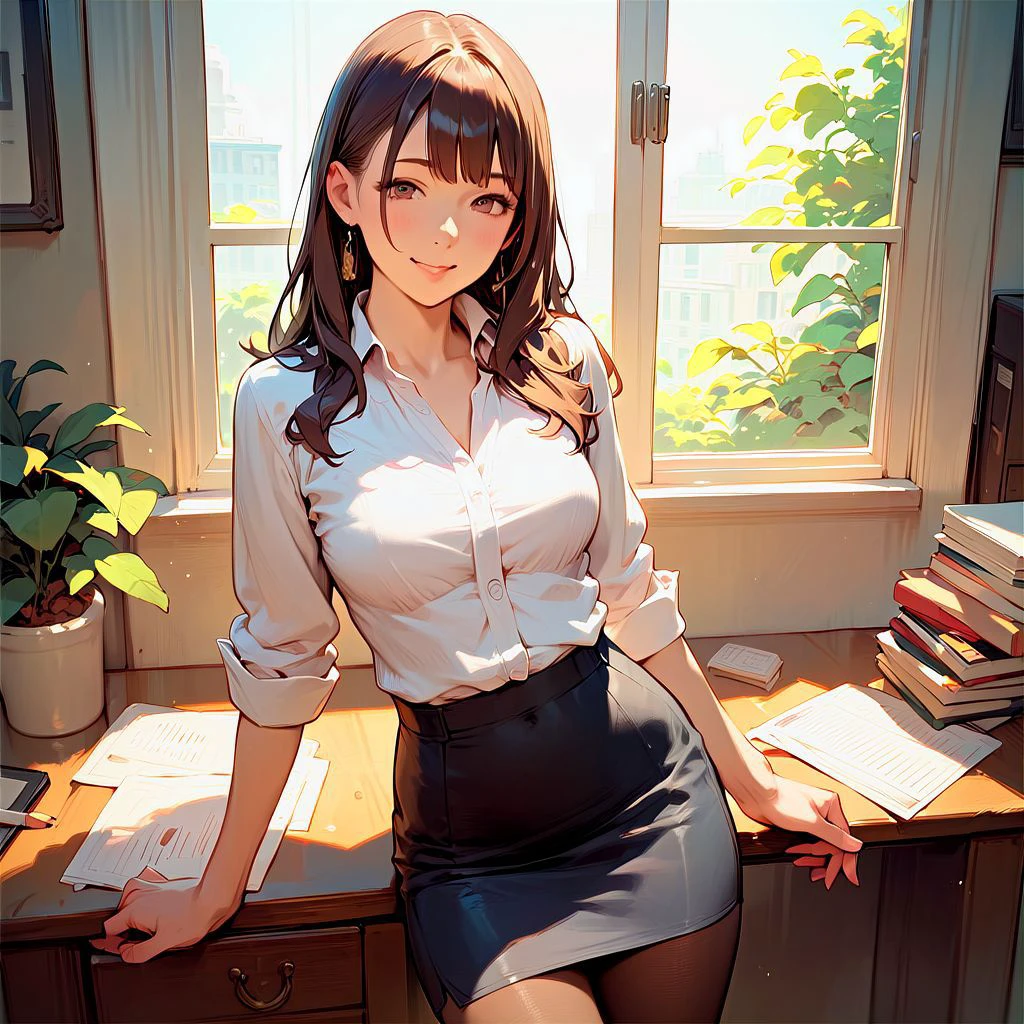1girl, a seductive young woman, brunette, at office, wearing pencil skirt and shirt, miniskirt and pantyhose, solo posing, playfully smile naughty, cinematic artstyle with realistic shading