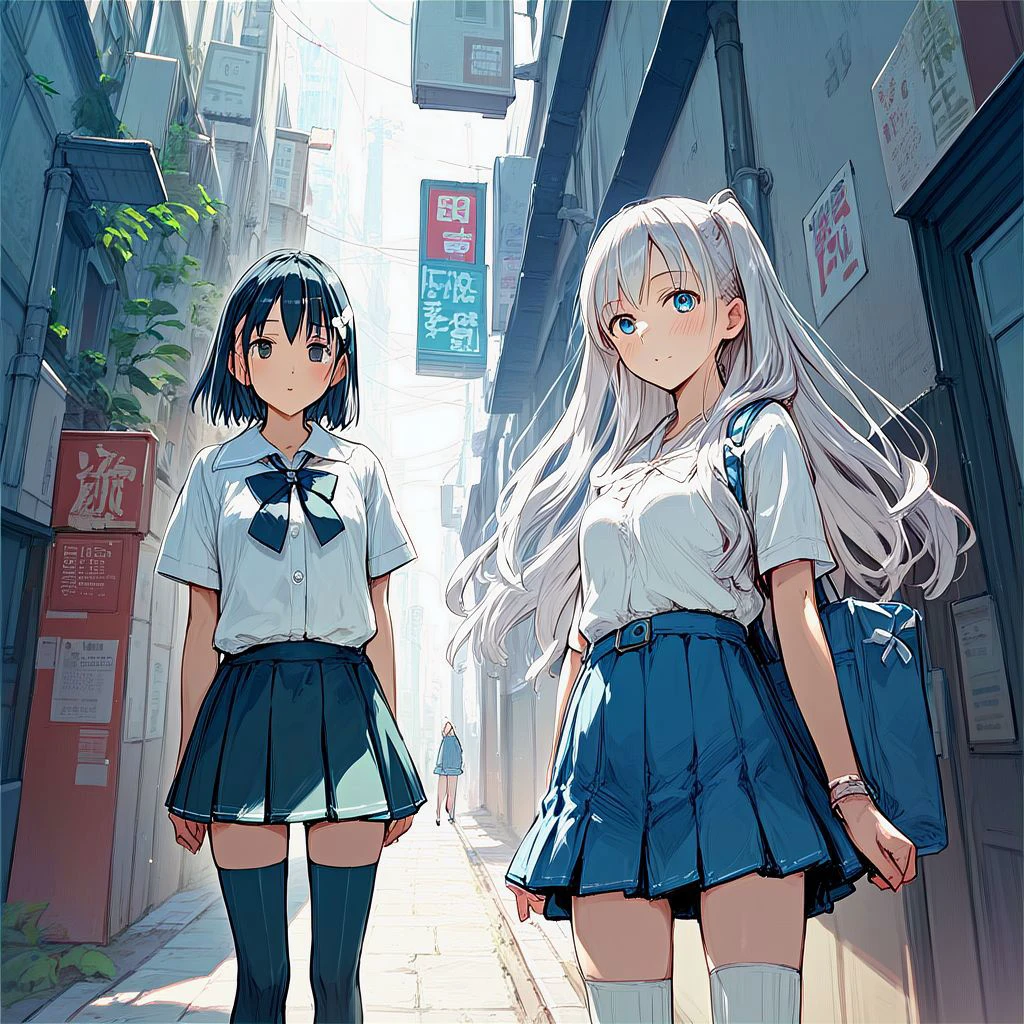 1girl, two girl, pose, at alleyway, cute, adorable, short skirt, thighhighs, shirt, 2girls together, in sapporo, at street in yokohama, pixiv anime style, pixivfanbox, visual novel vn eroge, otome shoujo manga style, moe, cutiest, white theme, blue theme, amazing color, inspirational and creative artstyle