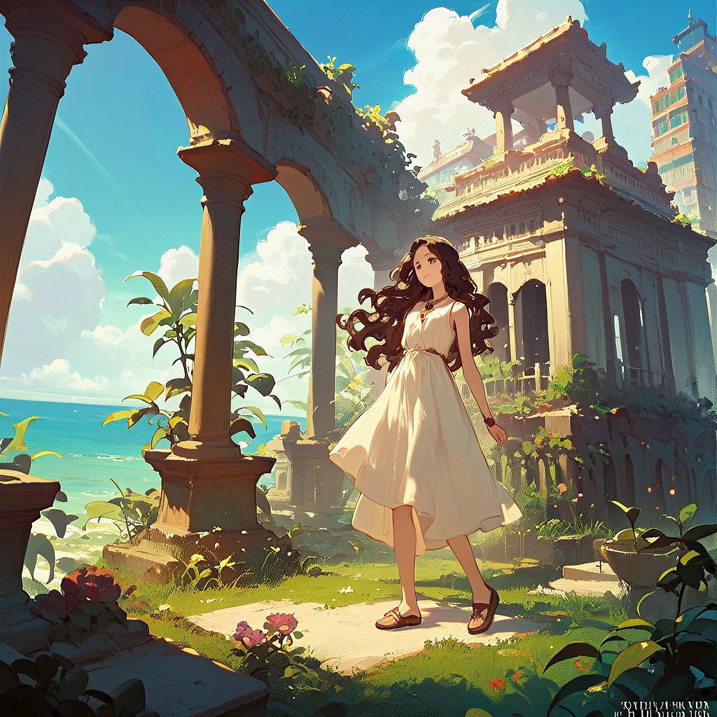 1girl, a young woman in ancient greece, at cyprus, sea coast, brunette, pose, smile, sidelocks, wavy hair, pendant, ancient town walls, lush grass, cloudy sky, greek style, mythical, painterly concept art with textured stroke and wide stroke