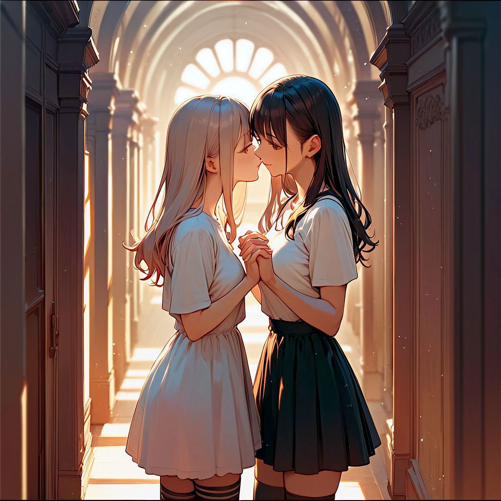 1girl, yuri couple, two girls, kiss, smile, erotic, seductive, sexy, miniskirt, shirt, thighhighs, holding hands, at empty hallway, long eyelashes, light particles, bokeh, letterboxed, cinematic graphics in anime style, cinematic composition style with dramatic lighting and shading, erotic ecchi anime in style of manga illustration