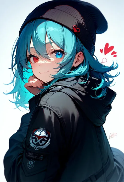 1girl, solo, heterochromia, red eyes, blue eyes, hat, long sleeves, medium hair, black jacket, beanie, hair between eyes, black headwear, bangs, aqua hair, smug, cutie mark, looking at viewer, heart,