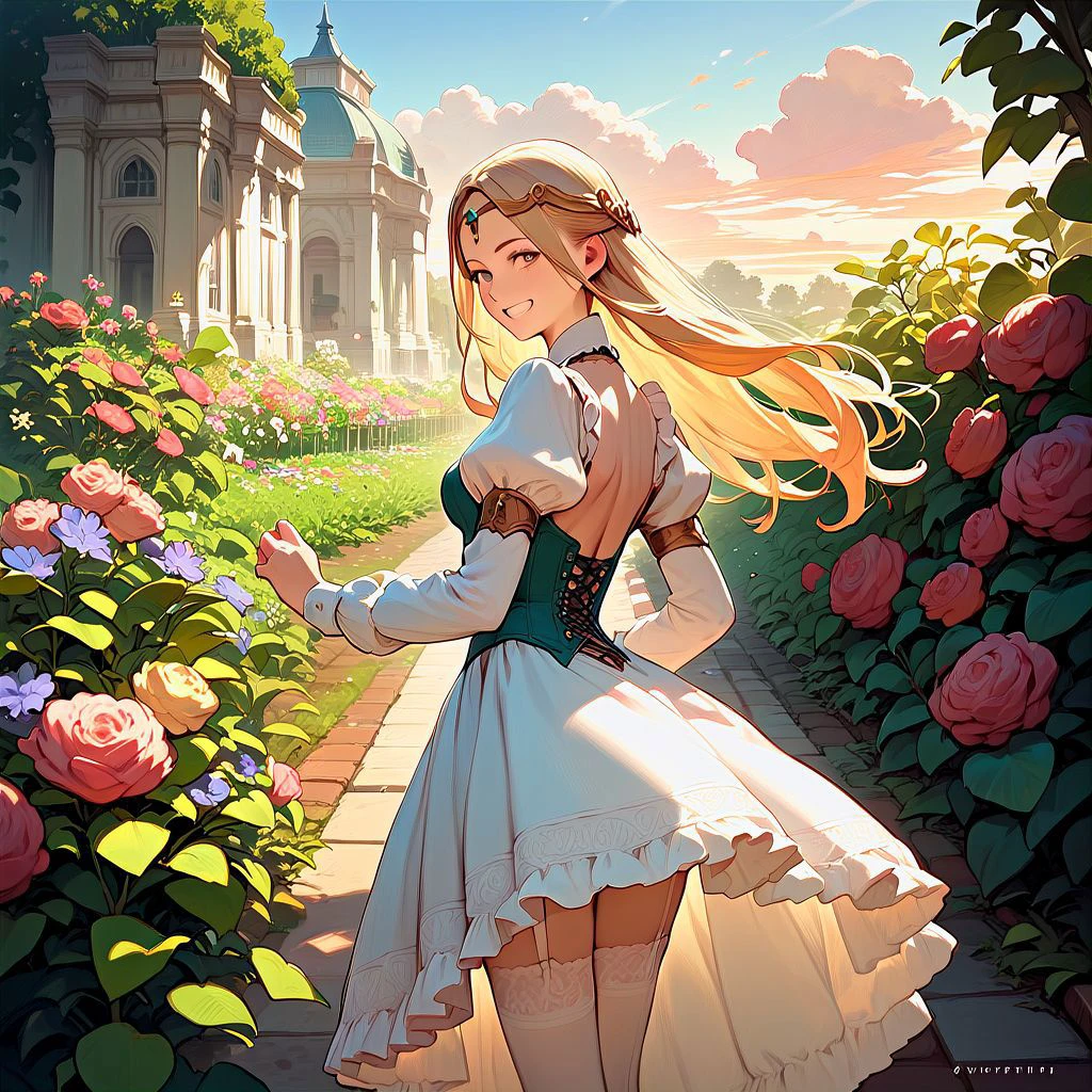 1girl, anime illustration of a princess wearing circlet and minidress, juliet sleeves, embroidery, garter stockings, blonde hair, at garden, sunrise, looking back, grin, cinematic artstyle with realistic shading