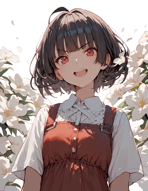 1girl, ahoge, black hair, blunt bangs, collared shirt, dress, flower, hair between eyes, looking at viewer, open mouth, petals, portrait, red dress, red eyes, ring, shirt, short hair, sideways glance, short sleeves, simple background, smile, solo, teeth, upper teeth only, v-shaped eyebrows, white background, white flower, white shirt