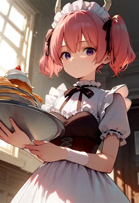 <lora:Linie_PDXL:1> linie, purple eyes, short twintails, horns, pink hair, maid uniform, frilly dress, holding tray, looking at viewer, maid headdress,