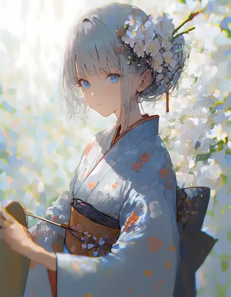 1girl, blue eyes, blurry, blurry background, blurry foreground, closed mouth, eyelashes, floral print, flower, gradient background, grey hair, hair flower, hair ornament, holding, holding instrument, instrument, japanese clothes, kimono, looking at viewer, obi, print kimono, sash, solo, upper body, white flower