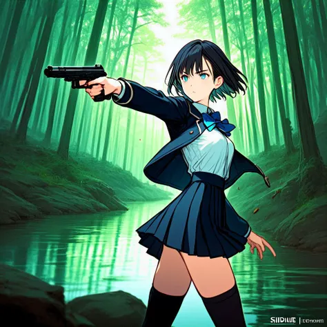 1girl,  female character in a japanese action videogame by tecmo koei, concept art, wearing school uniform jacket, thighhighs, short skirt, pleated skirt, collared shirt, narrow waist, erect nipples, serious, parted lips, from side, dynamical pose, motion, at pine forest with lake, holding a gun beretta, aiming, gentle colors, subtle color, sidelighting, cinematic lighting