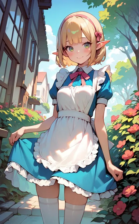 1girl, solo,(elf girl), small breasts, small, skinny, green eyes, blunt bangs, blonde bob hair, pink hairband, elf ears, (kawaii, cute, lovely),looking at viewer, 
apron, blue dress, blush, dress, maid, maid apron, thighhighs, outdoors, happy smile, v
(watercolor \(medium\):0.8), (graphite \(medium\), sketch:0.6), best quality,