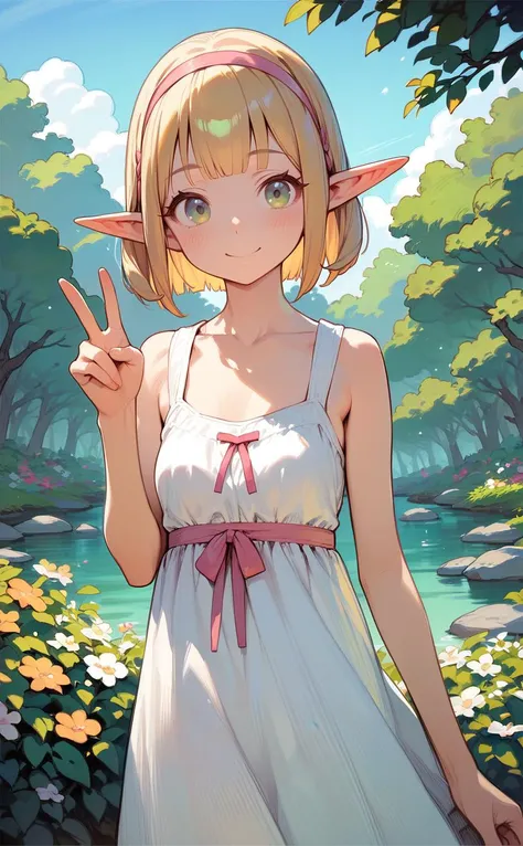 1girl, solo,(elf girl), small breasts, small, skinny, green eyes, blunt bangs, blonde bob hair, pink hairband, elf ears, (kawaii, cute, lovely),looking at viewer, 
summer dress, outdoors, happy smile, v
(watercolor \(medium\):0.8), (graphite \(medium\), sketch:0.6), best quality,