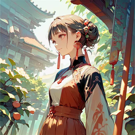 1girl,  a young girl in chinese village, tang, wearing dress and jewelry, red silk, jade pendant, earrings, shy, cute smile, eyelashes, ming, three kingdoms, shiny hair, intricate embroidery ornated, illustration in neo-traditional style, vibrant, oriental aesthetics asia, classical manhua anime artwork trending at weibo, gentle colors, subtle shading with smooth shape, album cover