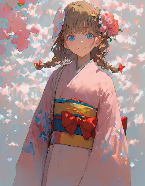 1girl, animal, blue eyes, bow, braid, brown hair, flower, hair flower, hair ornament, japanese clothes, kimono, long sleeves, looking at viewer, medium hair, obi, obiage, obijime, pink kimono, red bow, sash, smile, solo, twin braids