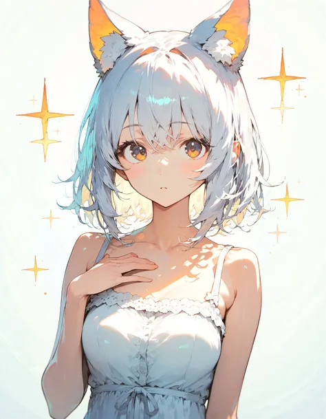 1girl,, animal ear fluff, animal ears, bare shoulders, breasts, collarbone, dress, hair between eyes, hand on own chest, looking at viewer, red eyes, simple background, sleeveless, sleeveless dress, small breasts, solo, sparkle, upper body, white background, white dress, white hair