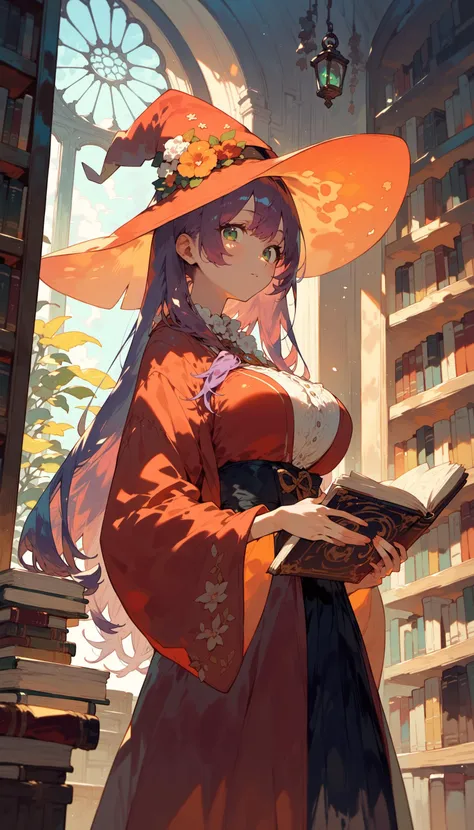 BREAK 1girl,solo,witch,red clothes,red whitch hat,red witch robe,purple hair,
BREAK long hair,green eyes,large breasts,indoors,library,book shelf,intricate detailed,beautiful detailed eyes,detailed background,