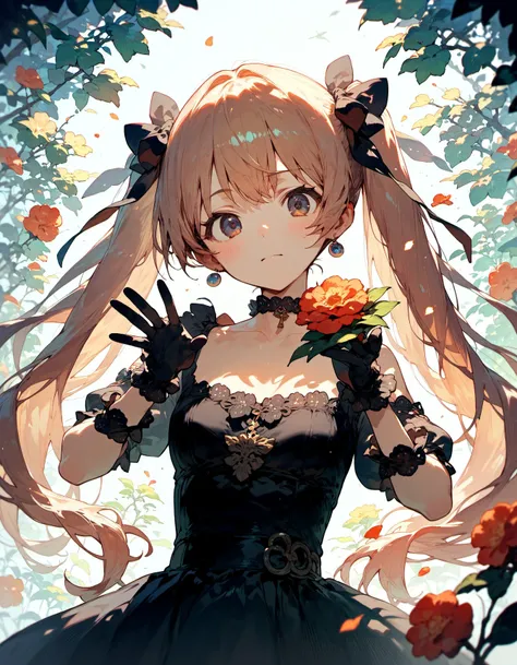 1girl,, :d, black bow, black choker, black dress, bow, choker, closed mouth, dress, earrings, flower, frilled dress, frilled wristband, frills, gloves, hair bow, hands up, heart, heart-shaped eyewear, jewelry, long hair, looking at viewer, pink hair, red flower, red lips, red rose, rose, smile, solo, teeth, twintails, upper body, white flower, yellow eyes