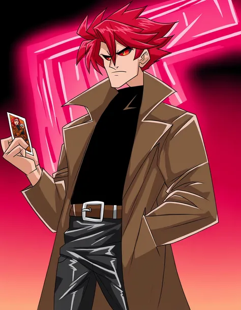 Larocca Art Style, 1boy, male focus, solo, jacket, trenchcoat, black shirt, leather pants, red hair, belt, colored sclera, black sclera, red iris, holding card, Remy Lebeau, Gambit, outdoors, neon lighting, PonyXLV6_Scores , <lora:SalvadorLaroccaPDXL:1>