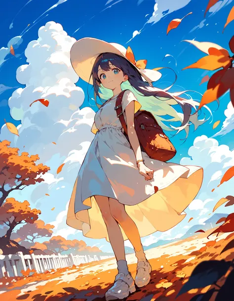 1girl, animal, backpack, autumn leaves, blue eyes, blue hair, blue sky, cloud, cloudy sky, day, dress, full body, hat, jewelry, light particles, long hair, looking at viewer, outdoors, petals, ring, sky, smile, socks, solo, sundress, white dress, white footwear, white headwear, white socks, wind