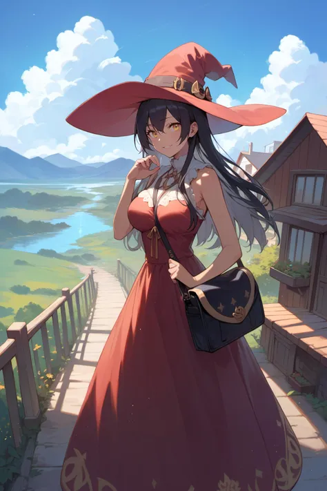 masterpiece, best quality, high quality, red witch, witch hat, tan skin, black hair, yellow eyes, long hair, large breasts, medium breasts, house, field, lake, mountain, mountainous horizon, simple dress, bare shoulders, path, contemporary house, messager bag, between breasts, building, magnificent_architecture, parted lips, gold trim, light smile, sharp eyes, tsurime, clear sky, dynamic pose,