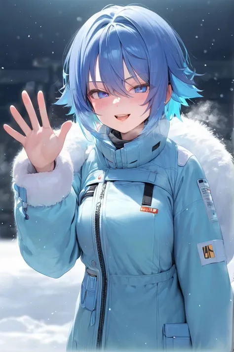 Girl,in Antarctica,on the ice sheet,cold,hair between eyes,blue hair,scientific research expert clothes,thick clothes,breathing,8k,naughty_face,waving_arms,in winter,mid_shot,