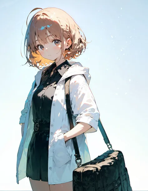 1girl,, ahoge, bag, black bag, black shirt, brown eyes, brown hair, closed eyes, collared shirt, cowboy shot, dress shirt, hair between eyes, hood, hood down, hooded jacket, jacket, looking at viewer, open clothes, open jacket, shirt, short hair, short sleeves, simple background, smile, solo, standing, white background, white jacket