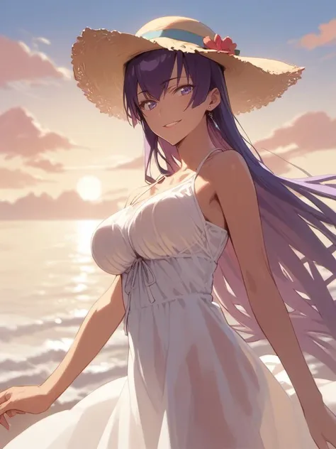 best quality, masterpiece, solo, 1girl, 
sun hat, teeth, smile, parted lips, dynamic pose, overlooking sea, covering privates, very perky breasts, summer, see-through silhouette, 
earrings, sundress, 
large breast, tan, <lora:saeko-busujima-ponyxl-lora-nochekaiser> , (saeko busujima:0.9), long hair, purple hair, purple eyes, hair between eyes, smile, parted lips, lipstick, detailed eyes, light blush, <lora:add-detail-xl:2>,