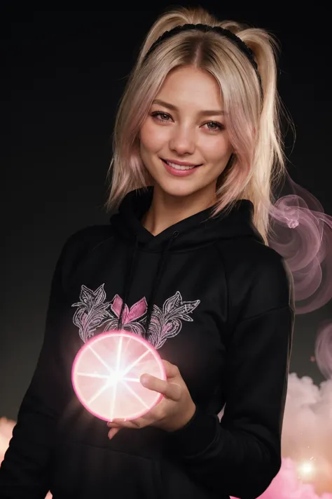 DV_Sahelia_Vicious ((Black Theme, Black backdrop:1.4)) (Close-Up Shot, headshot:1.4)(blonde hair:1.5) wearing (Black sweatshirt :1.4) 35mm, F/2.8 ((Photo Focus, DOF, Aperture, insanely detailed and intricate, character, hypermaximalist, elegant, ornate, beautiful, exotic, revealing, appealing, attractive, amative, hyper realistic, super detailed, heresy flares)) (smiling at viewer:1.3)(volumetric pink smoke:1.3) (pink lens flare:1.2)(sharpness:1.3)(details:1.3)