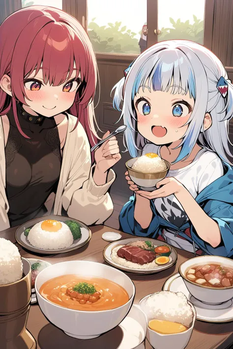 A girl and a girl,
houshou marine and gawr gura from hololive,
having their breakfast in the dining room. houshou marine wears white t-shirt and jacket. gawr gura wears white t-shirt. Rice,soup, and minced meats are served on the table. They look at each other while smiling happily,
<lora:XL_dohna dohna style-000008:1>,
dohna dohna style,
masterpiece,
best quality,