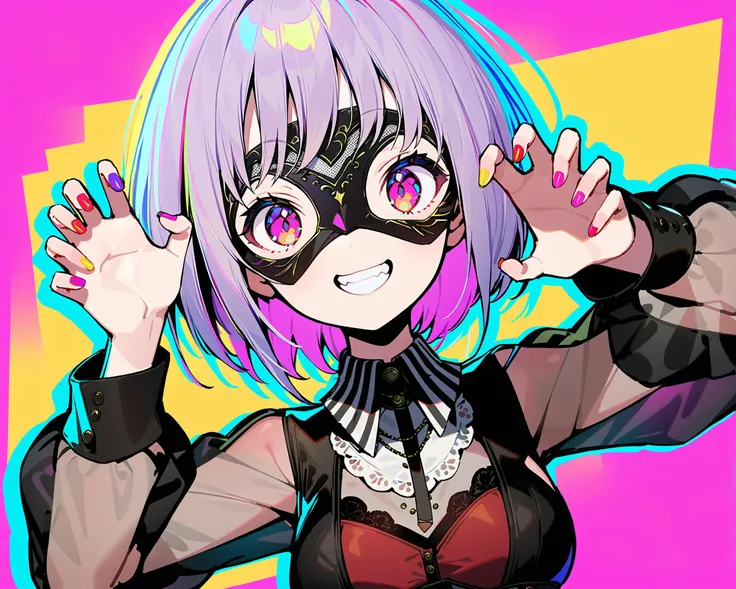 masterpiece, best quality, absurdres, very authentic, 1girl, solo, upper body, yuutenji nyamu, amoris eye mask, amoris costume, see-through sleeves, puffy sleeves, long sleeves, looking at viewer, grin, claw pose, dynamic, colofor background, cyberpunk, colorful, nail polish, <lora:YTJNM-anxl31:0.5>, <lora:XL_dohna dohna style:1.1>,