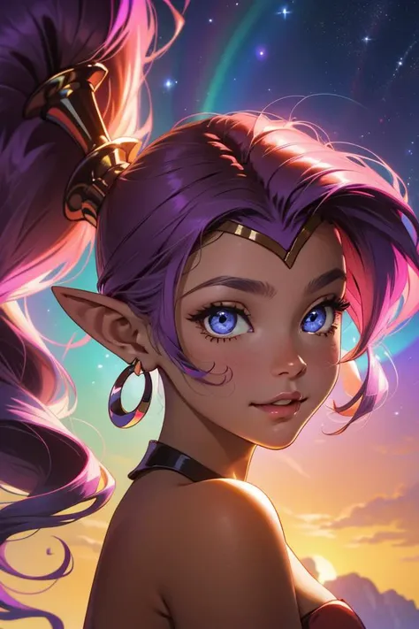 night_sky, rainbow_gradient, starry_sky,full_moon,backlighting,portrait, 1girl, facing_viewer,Shantae,tiara, choker, hoop earrings, (o-ring red_bandeau),vambraces, <lora:GAME_shantae_ownwaifu:1>,high ponytail, ((tan_skin)),pointy ears,purple_hair,blue_eyes, looking_at_viewer, parted_lips, smirk,head_tilt,