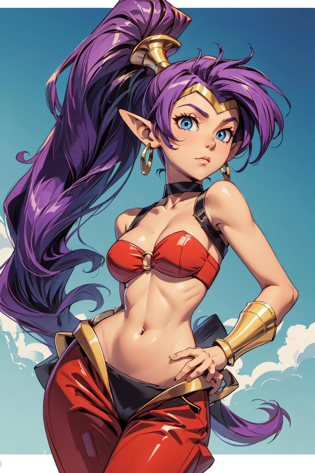 thick outlines, comics, photorealistic, 1girl, solo, <lora:GAME_shantae_ownwaifu:0.9>, GAME_shantae_ownwaifu, long hair, purple hair, ponytail, pointy ears, hoop earrings, blue eyes, sleeveless, navel, tiara, choker, harem pants, bare shoulder, o-ring top, red pants, black choker, yellow vambraces, strapless, island, town, detailed background, detailed face, detailed eyes, <lora:add_detail:0.7>