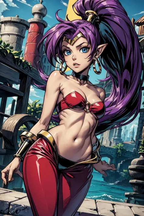 Bmaster,red hair,spiked hair,yellow eyes,pointy ears,fang,tail,
blue swimsuit,black bikini,orange gloves,o-ring,earrings,chaps,hairclip,
smile,
standing,wide hips,
night,jungle,
(insanely detailed, masterpiece, best quality),solo,<lora:Beastmaster:0.8>,