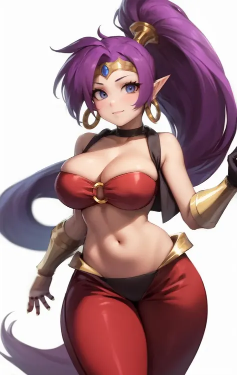 (highres, high quality:1.3), intricate details, vibrant image, sharpness, colorful,
1girl, mature female, milf, 
GAME_shantae_ownwaifu,long hair,purple hair,shantae,www.ownwaifu.com,dark skin,breasts,jewelry,earrings,very long hair,pointy ears,dark-skinned female,hoop earrings,pants,blue eyes,navel,ponytail,bracer,tiara,choker,cleavage,harem pants,bare shoulders,bandeau,o-ring,collarbone,o-ring top,red pants,midriff,forehead jewel,vest,black choker,large breasts,see-through,vambraces,high ponytail,thick thighs,circlet,
 <lora:GAME_shantae_ownwaifu-10:1>