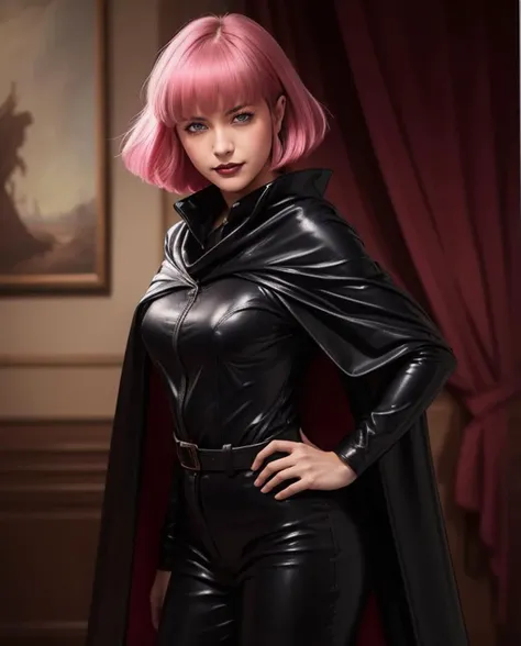 picture of (Haman Karn), a woman (wearing a black horsehide cape:1.2), (black horsehide LONG SLEEVES jumpsuit) in the congress, smile, modelshoot style, (pink hair), (extremely detailed CG unity 8k wallpaper), photo of the most beautiful artwork in the world, professional majestic oil painting by Ed Blinkey, Atey Ghailan, Studio Ghibli, by Jeremy Mann, Greg Manchess, Antonio Moro, trending on ArtStation, trending on CGSociety, Intricate, High Detail, Sharp focus, dramatic, photorealistic painting art by midjourney and greg rutkowski, (looking at viewer), (she looks serious), (detailed eyes:1.2), (detailed pupils:1.3), (extremely sexy:1.2), <lora:haman_karn_lora:0.5>