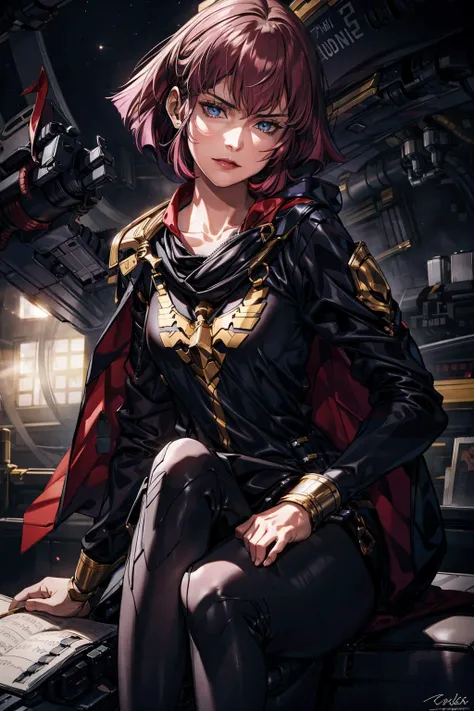 absurdres, (best quality), (masterpiece),(ultra-detailed:1.2),(photorealistic:1.2),(highres),(front:1.3),upper body,
1girl,solo,sitting,mature women,angry,Forehead wrinkles,shaded face,cape,bare shoulder,golden embroidery,elaborate ,
<lora:haman_karn_lora:0.7> haman karn, (spats:1.1),
expressionless,
(cockpit:1.5),(space:1.1),universe,
<lora:anime_minimalist_v1-000020:-0.2>,
<lora:flat2:-0.4>,
<lora:LowRa:0.3>, dark theme, <lora:shaded_face2_pruned_0:0.7>