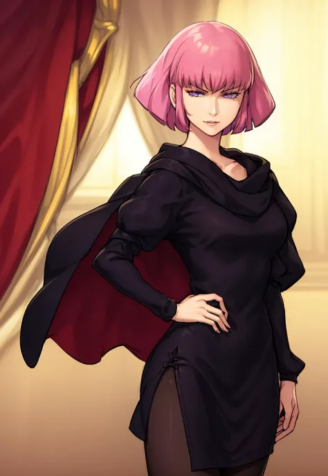 (masterpiece:1),(best quality:1.4),(high detailed:1),(high resolution:1),(highly_detailed_beautiful_face_and_eyes:1),(depth of field:1.1), (realistic:0.9), (photo realistic:1.37),(anime style:1.1),(in gundam style:1.1),
<lora:haman_karn_lora:0.7>,
(1 mature_female),(haman karn),(light_pink hair:1.2),bangs,short_hair with long_locks,hair_flaps,(purple eyes:1.1), (sharp_eyes:1.1),(black nail_polish:1.1),
(angry:1.1),
BREAK,
(black dress:1.1),collarbone,(puff_sleeve:1.5),(long_sleeves:1.1),(pantyhose:1.3),
BREAK,
(black cape:1.1),(red on the inside:1.1),
BREAK,
dignified posture,luxurious space,