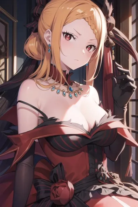 priscillabarielle, <lora:priscillabarielle-lora-nochekaiser:1>,
priscilla barielle, long hair, blonde hair, (red eyes:1.5), braid, single braid, braided bangs, one side up,
BREAK hair ornament, gloves, dress, bare shoulders, jewelry, pantyhose, earrings, black gloves, necklace, high heels, red dress, red footwear, bridal gauntlets,
BREAK looking at viewer, full body,
BREAK indoors,
BREAK <lyco:GoodHands-beta2:1>, (masterpiece:1.2), best quality, high resolution, unity 8k wallpaper, (illustration:0.8), (beautiful detailed eyes:1.6), extremely detailed face, perfect lighting, extremely detailed CG, (perfect hands, perfect anatomy),