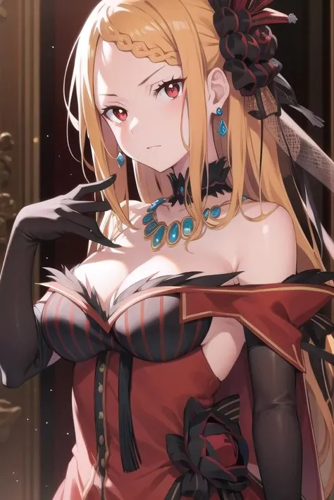 priscillabarielle, <lora:priscillabarielle-lora-nochekaiser:1>,
priscilla barielle, long hair, blonde hair, (red eyes:1.5), braid, single braid, braided bangs,
BREAK hair ornament, gloves, dress, bare shoulders, jewelry, pantyhose, earrings, black gloves, necklace, high heels, red dress, red footwear, bridal gauntlets,
BREAK looking at viewer, full body,
BREAK indoors,
BREAK <lyco:GoodHands-beta2:1>, (masterpiece:1.2), best quality, high resolution, unity 8k wallpaper, (illustration:0.8), (beautiful detailed eyes:1.6), extremely detailed face, perfect lighting, extremely detailed CG, (perfect hands, perfect anatomy),