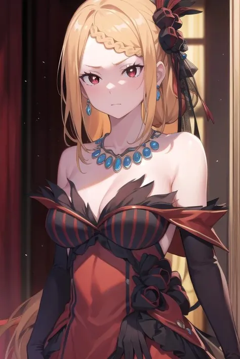 priscillabarielle, <lora:priscillabarielle-lora-nochekaiser:1>,
priscilla barielle, long hair, blonde hair, (red eyes:1.5), braid, single braid, braided bangs, one side up,
BREAK hair ornament, gloves, dress, bare shoulders, jewelry, pantyhose, earrings, black gloves, necklace, high heels, red dress, red footwear, bridal gauntlets,
BREAK looking at viewer, full body,
BREAK indoors,
BREAK <lyco:GoodHands-beta2:1>, (masterpiece:1.2), best quality, high resolution, unity 8k wallpaper, (illustration:0.8), (beautiful detailed eyes:1.6), extremely detailed face, perfect lighting, extremely detailed CG, (perfect hands, perfect anatomy),