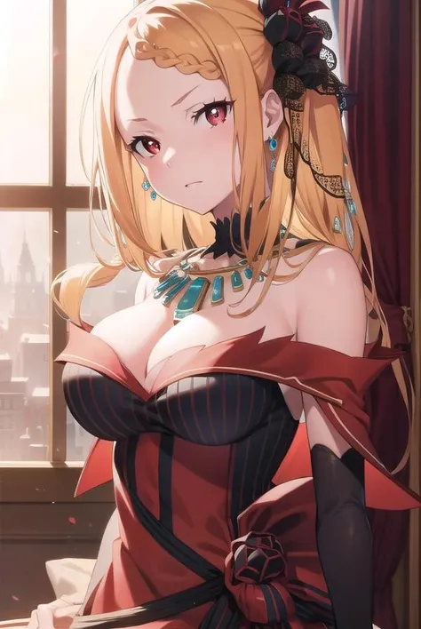 priscillabarielle, <lora:priscillabarielle-lora-nochekaiser:1>,
priscilla barielle, long hair, blonde hair, (red eyes:1.5), braid, single braid, braided bangs, one side up,
BREAK hair ornament, gloves, dress, bare shoulders, jewelry, pantyhose, earrings, black gloves, necklace, high heels, red dress, red footwear, bridal gauntlets,
BREAK looking at viewer, full body,
BREAK indoors,
BREAK <lyco:GoodHands-beta2:1>, (masterpiece:1.2), best quality, high resolution, unity 8k wallpaper, (illustration:0.8), (beautiful detailed eyes:1.6), extremely detailed face, perfect lighting, extremely detailed CG, (perfect hands, perfect anatomy),