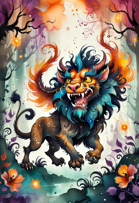 ink-painting of a cute magical manticore with terrifying roar in an enchanted wonderland, beautiful whimsical fantasy art concept, detailed background, glowing particles, intricate details, ultra sharp <lora:Ath_ink-painting_XL:1>