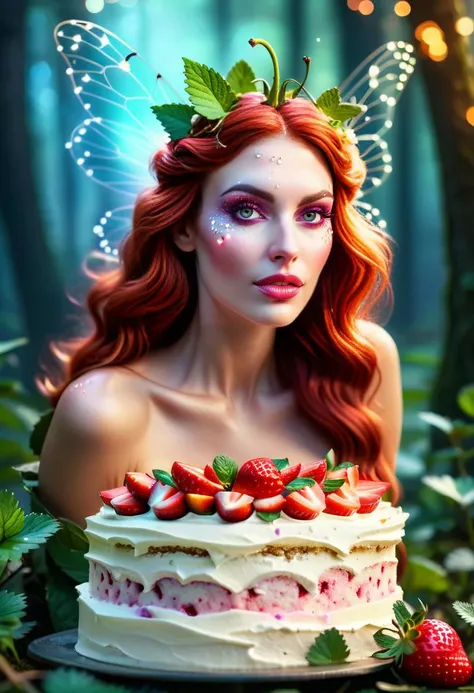 StrawberryCake, realistic photography of a cute magical nymph with natural beauty in an enchanted wonderland, beautiful whimsical fantasy art concept, detailed background, glowing particles, intricate details, realism, ultra sharp, <lora:SwedishDessertsXL:1>