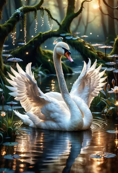 realistic photography of a cute magical swan with graceful elegance in an enchanted wonderland, beautiful whimsical fantasy art concept, detailed background, glowing particles, intricate details, ultra sharp <lora:Artistic Image Enhancement v1.1 Lite:0.8>