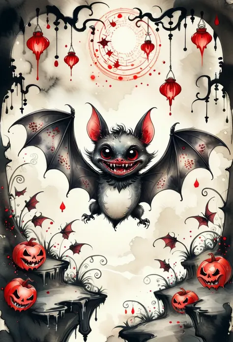 traditional eastern ink-painting of a cute magical bat with bloodthirsty fangs in an enchanted wonderland, beautiful whimsical fantasy art concept, detailed background, glowing particles, intricate details, ultra sharp, ink and wash <lora:Ath_ink-painting_XL:0.8>
