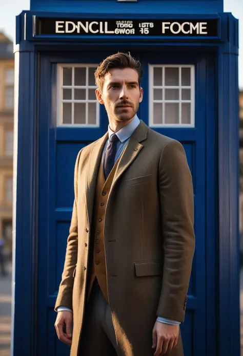 full-body shot of beautiful english man, near a TARDIS, (RAW, analog, Nikon Z 85mm, award winning photograph, ((best quality)), ((masterpiece)), ((realistic)), radiant light rays, highres, detailed facial features, high detail, sharp focus, smooth, aesthetic, extremely detailed, extremely detailed eyes, extremely detailed body, extremely detailed skin