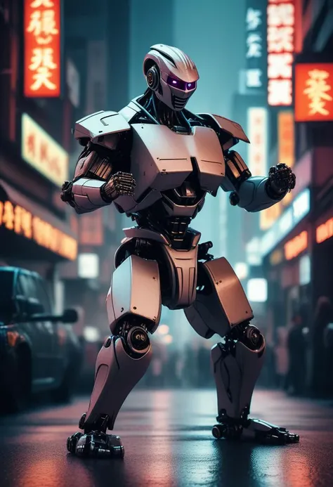 (karate robot:1.5) on a dark cyberpunk city, cinematic lighting, blade runner, (extreme detailed), (RAW, analog, Nikon Z 85mm, award winning glamour photograph, ((best quality)), ((masterpiece)), ((realistic))