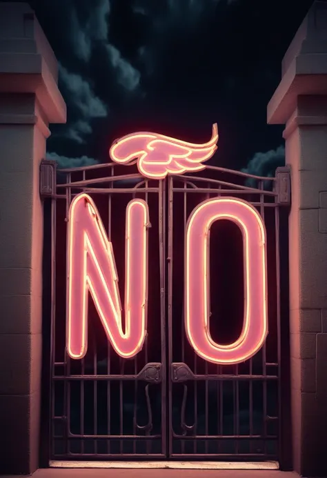 "NO", neon sign illuminated in the (gates of heaven:1.3)
