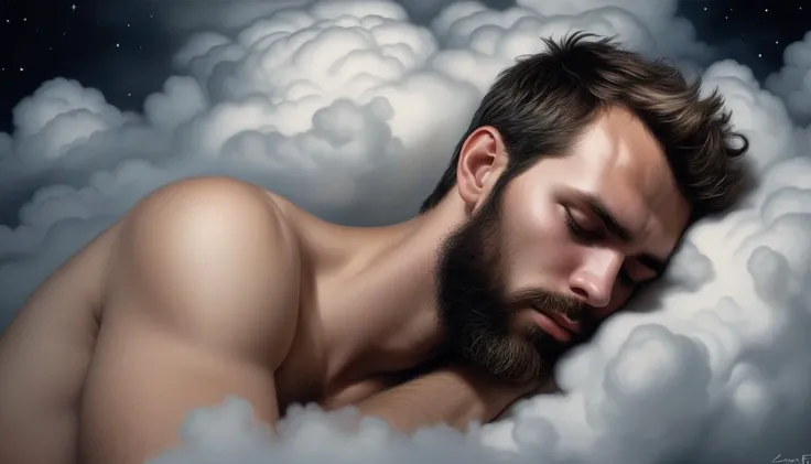 beautiful naked naked bearded white Brazilian man sleeping in the clouds, angelical eyes, (short hair:1.2), by zaria forman, by night