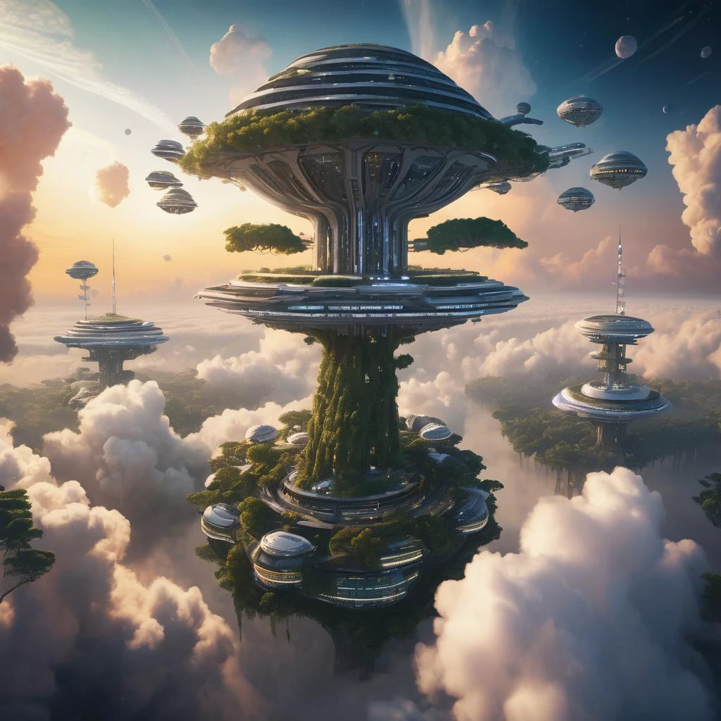 aerial photograph of a space colony built on the top of a giant tree, sunrise, towering above the clouds