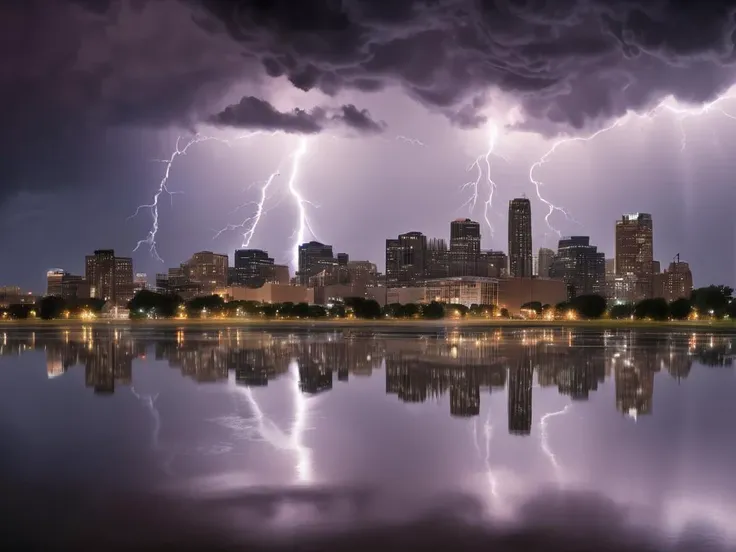 landscape photograph of a comforting suspicious city skyline, reflected in the water, storm rolling in, lightning