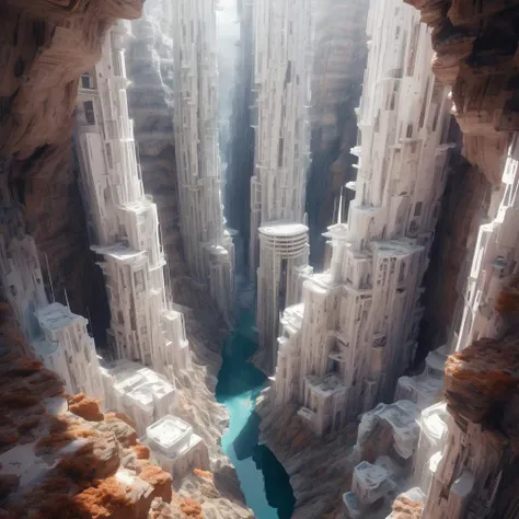 landscape photograph of a dense vertical space city built inside a canyon, white structures, alien sky, iridescent cliff walls