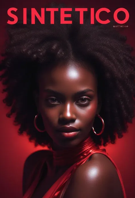 (the word "Sintetico" written on the top:1.3), monocolor profile portrait of a beautiful african woman, coral key light, crimson back light, burgundy red fill light, glamour, high fashion magazine cover