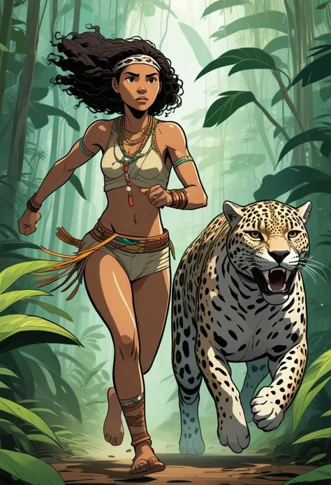 action scene, side view of a young indigenous Brazilian woman running side by side with a jaguar in Amazonia rainforest, in anime comic book style, movement lines